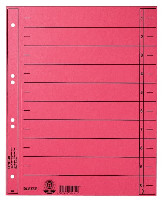 LEITZ välilevyt, A4 extra leveä, Manila kartonki 230 gsm, punainen, tyhjiä välilehtiä voidaan valmistaa eri kokoisina (1658-00-25)
