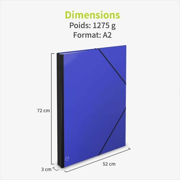 ACROPAQ Teckningskartong A2, B2, A3, A4 - 52 x 72 cm - 2 Elastiska stängningar - Förlängningsbart bakstycke - Förstärkt kartong - Ekologisk FSC - Blå