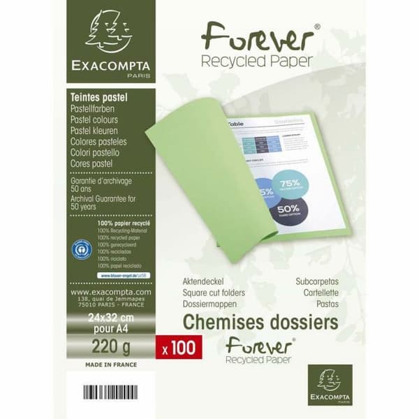 Exacompta folder - undertröja - 410006E-BL - Paket med 100 FOREVER mappar i 220g återvunnet kort, ljusblå färg