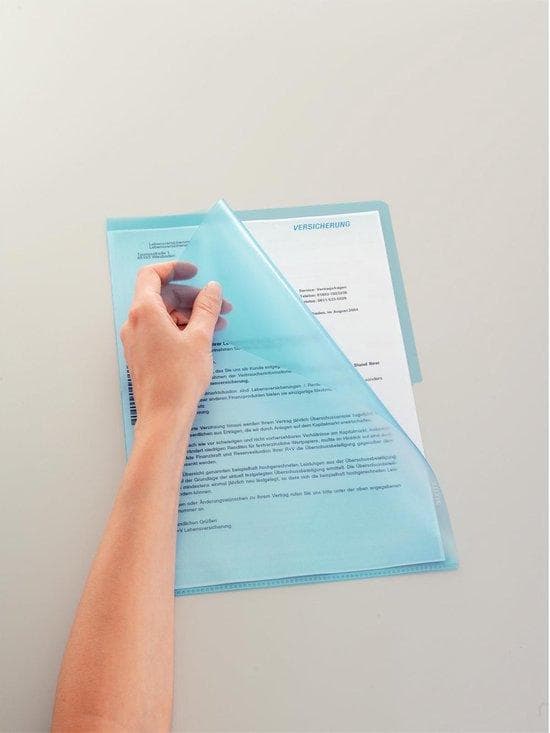 LEITZ standardhylsa, A4, PP, ådring, blå, 0,13 mm öppen upptill och på sidorna, dokumentsäker, med tum- (4000-00-35)