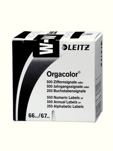 LEITZ bogstavsignal Orgacolor "W", på rulle, sort mål: (B)30 x (H)23 mm, på bæretaperulle, selvklæbende (6632-10-00)