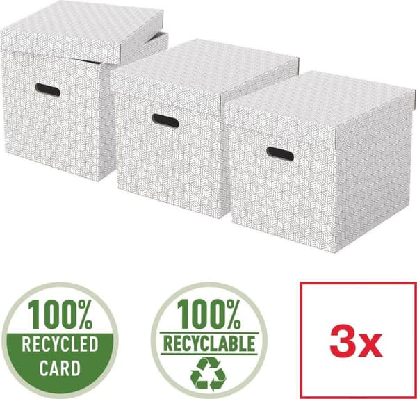 Esselte Sustainable Stor terningopbevaringsboks med låg, sæt med 3 stykker - 100 % genbrugspap og 100 % genanvendelig - hvid