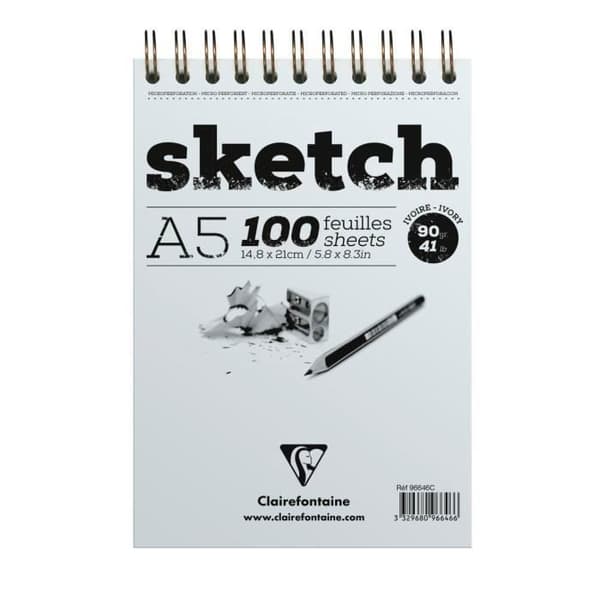 Clairefontaine Skissblock A5 spiralskiss 100 ark 14,8 x 21 cm 90 g med elfenbensfärgat papper - 96646C