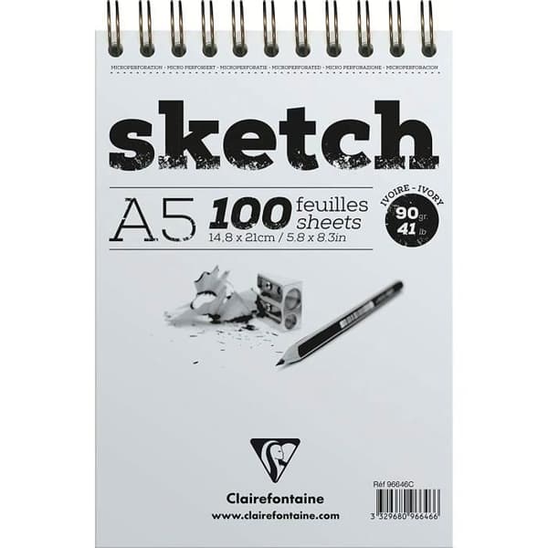 Clairefontaine Skissblock A5 spiralskiss 100 ark 14,8 x 21 cm 90 g med elfenbensfärgat papper - 96646C