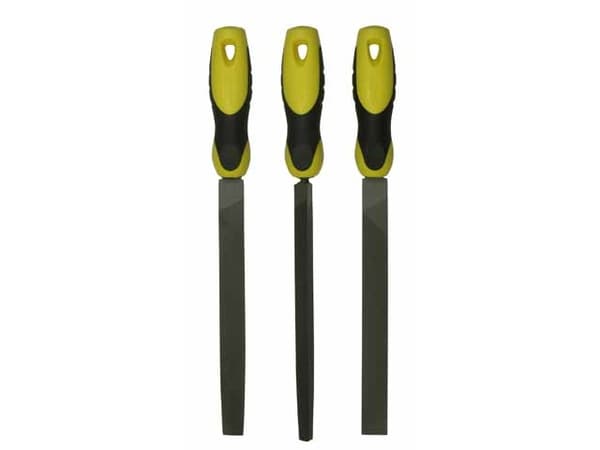 Stanley 0-22-464, Sats med filer, Klämmapp, Rund fil, Trekantsfil, Kolstål, Svart, Gul, Halkfritt grepp, Mjukt grepp, 20 cm