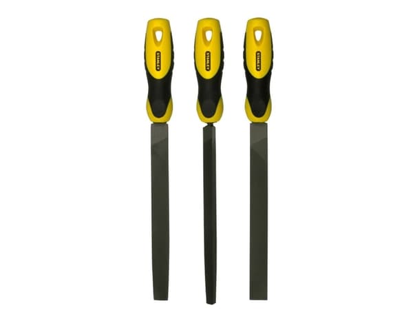 Stanley 0-22-464, Sats med filer, Klämmapp, Rund fil, Trekantsfil, Kolstål, Svart, Gul, Halkfritt grepp, Mjukt grepp, 20 cm
