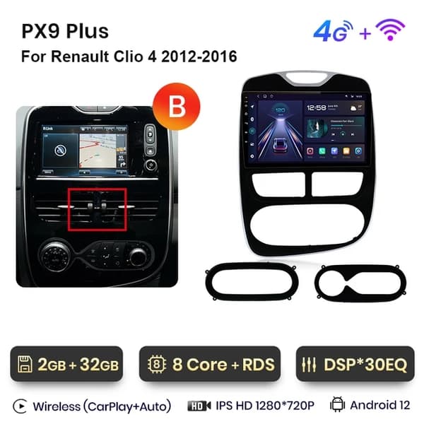 Carplay-bilradio, trådløs, Renault Clio 4, WiFi 2GB-32GB B-2