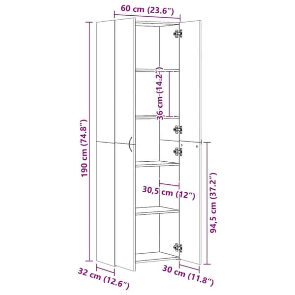 vidaXL Toimistokaappi Sonoma-tammi 60x32x190 cm lastulevy