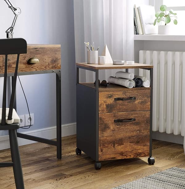 Rullbart Arkivskåp Med 2 Lådor, Öppet Fack Vintage brun-svart