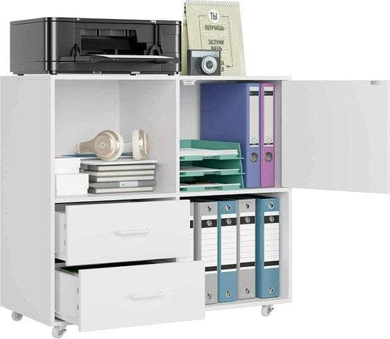 Arkivskåp - Kontorsskåp - Filskåp - Dokumentskåp - Mobilskåp med roterande hjul - Skrivarstativ - Office Furniture -Paanplaat - White - 80 x 75 x 39 c