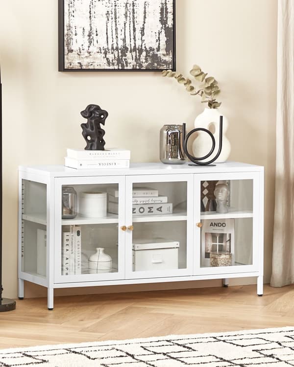 Skænk Hvid Stål Glas Lav Metal Kommode med Justerbare Hylder Industrielt Opbevaring Dupper Kabelstyring TV Bord Kontor Møbel Design