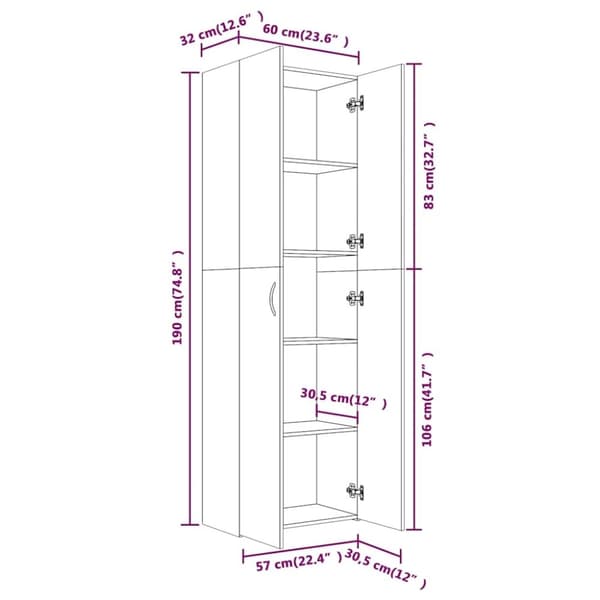 vidaXL Kontorskap grå sonoma 60x32x190 cm konstruert tre