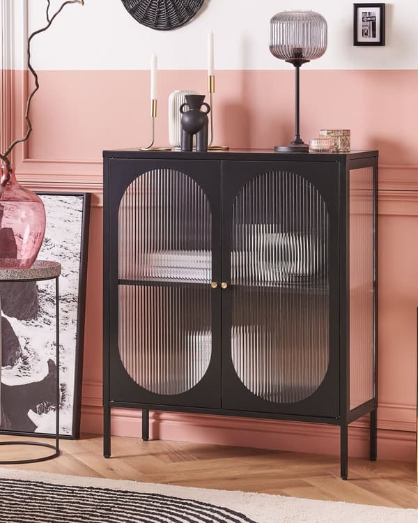 Kontorskap Svart Stål 90 x 35 x 111 cm Metall 2 Dører Glassfront Sidebord