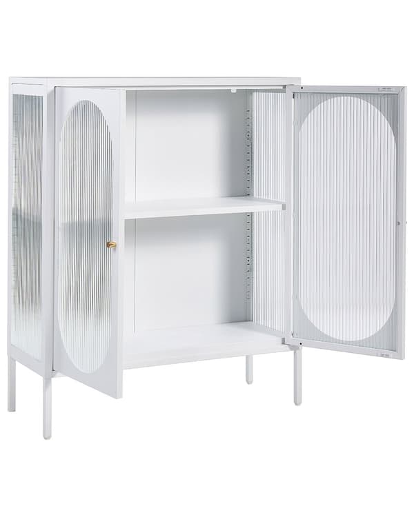 Vitrineskab Hvid Stål 111 x 90 cm Lavt Vitrine Skænk med Glaslåger Hylder Design Glasskab til Stue Entré Tilbehør Glasvitrine
