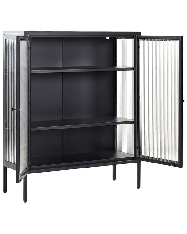 Vitrineskab Sort Stål 111 x 90 cm Lavt Vitrine Skænk med Glaslåger Hylder Design Glasskab til Stue Entré Tilbehør Glasvitrine