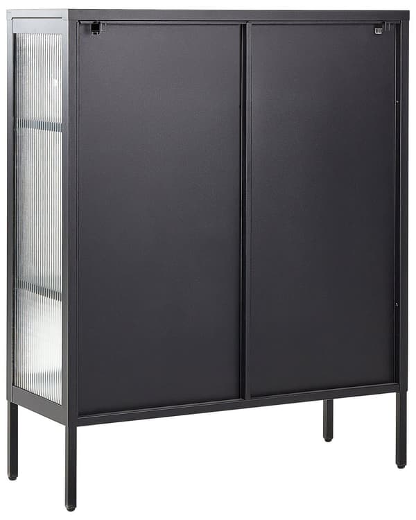 Vitrineskab Sort Stål 111 x 90 cm Lavt Vitrine Skænk med Glaslåger Hylder Design Glasskab til Stue Entré Tilbehør Glasvitrine