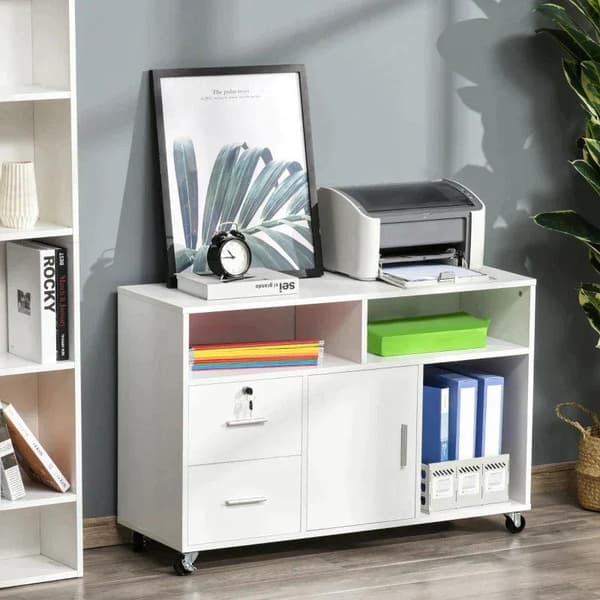 Rootz Filing Cabinet - Office Cabinet - Office Container With Wheels - Printer Stand - Storage Organizer With Lockable Drawer - Bedroom - Living Room