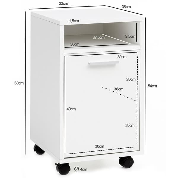 Rootz rullcontainer vit 33x60x38cm lådskåp kontorscontainer - Skrivbordsbehållare med dörr & bricka - Kontorsbehållare sidobehållare med hjul - Liten