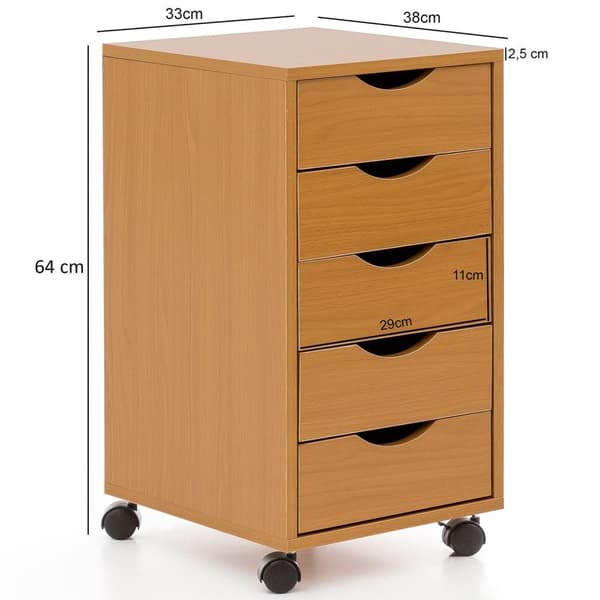 Rootz rullecontainer 33 x 68 x 38 cm MDF træ 5 skuffer sonoma - Moderne skuffecontainer med hjul - Standcontainer kontorcontainer