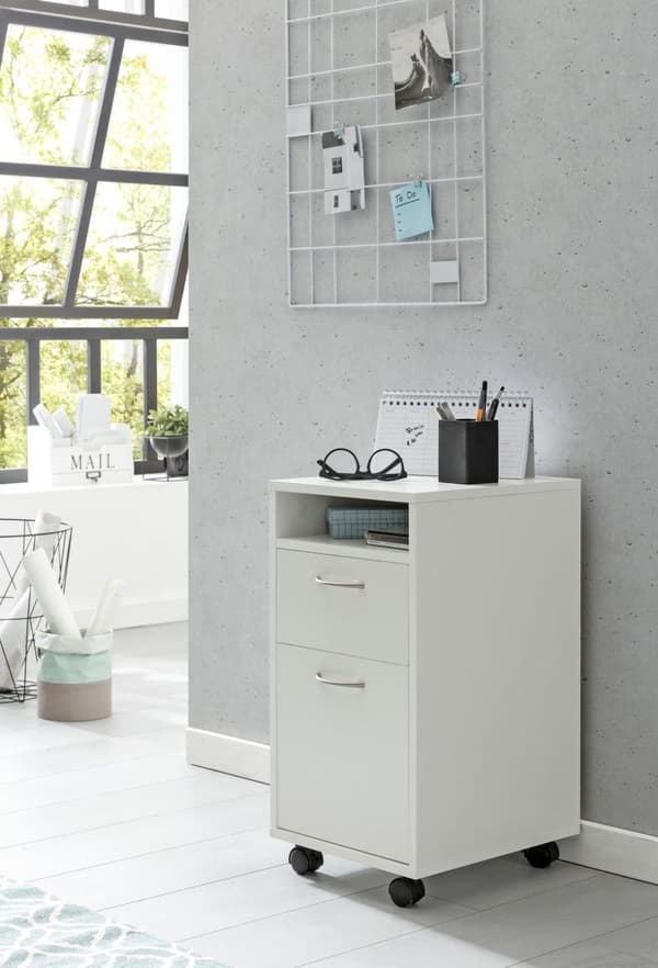 Rootz rullcontainer vit 33x63x38 cm skrivbordsunderskåp trä - Rullande byrå Modern - Kontorscontainer lådskåp med dörr - Litet skrivbordsskåp med hjul