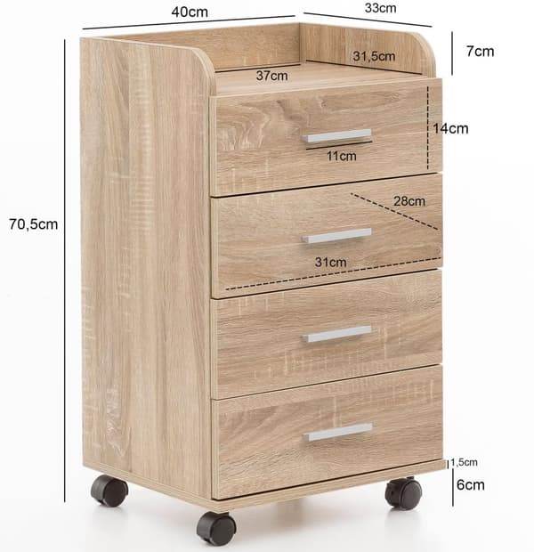 Rootz rullcontainer 40x70,5x33cm Sonoma - Skrivbordscontainer Rullskåp 4 lådor - Modern lådcontainer med hjul - Stativcontainer Kontorscontainer Sidoc