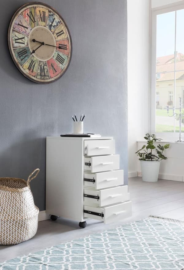 Rootz rullebeholder hvid 33 x 63 x 38 cm træskuffeskabsbord - Kontorskab med 5 skuffer - Beholderrulleskab lille Stand Beholder smal - Skrivebordsbeho