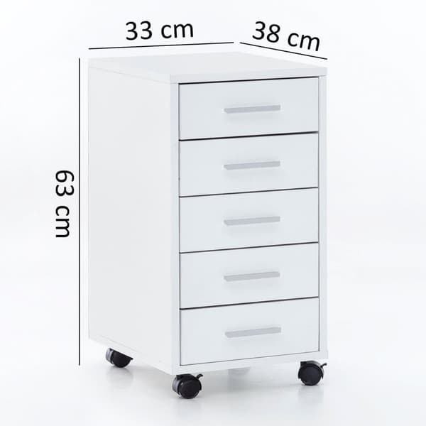 Rootz rullebeholder hvid 33 x 63 x 38 cm træskuffeskabsbord - Kontorskab med 5 skuffer - Beholderrulleskab lille Stand Beholder smal - Skrivebordsbeho