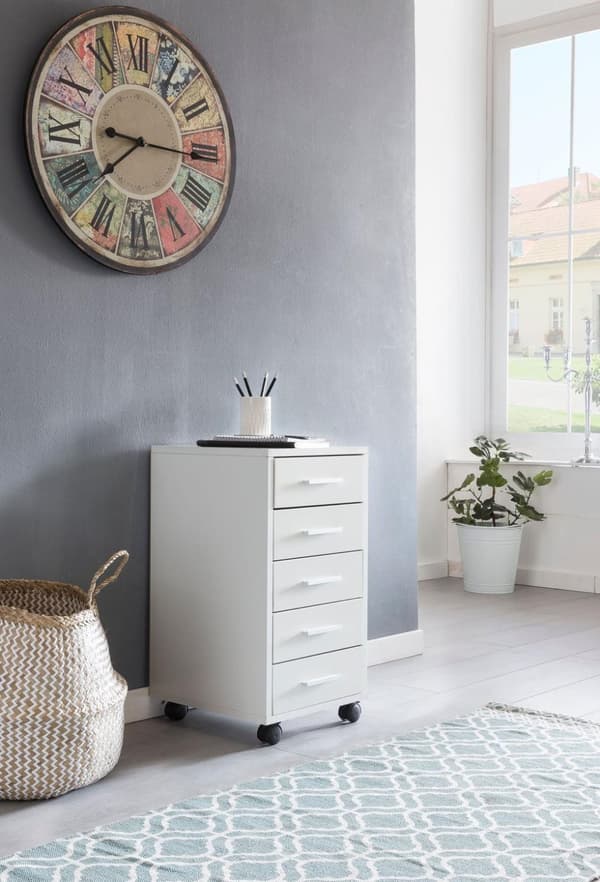 Rootz rullebeholder hvid 33 x 63 x 38 cm træskuffeskabsbord - Kontorskab med 5 skuffer - Beholderrulleskab lille Stand Beholder smal - Skrivebordsbeho
