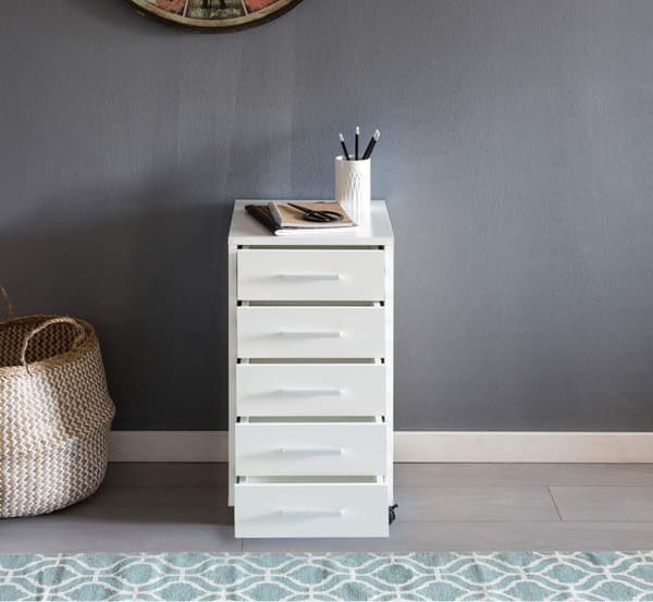 Rootz rullebeholder hvid 33 x 63 x 38 cm træskuffeskabsbord - Kontorskab med 5 skuffer - Beholderrulleskab lille Stand Beholder smal - Skrivebordsbeho