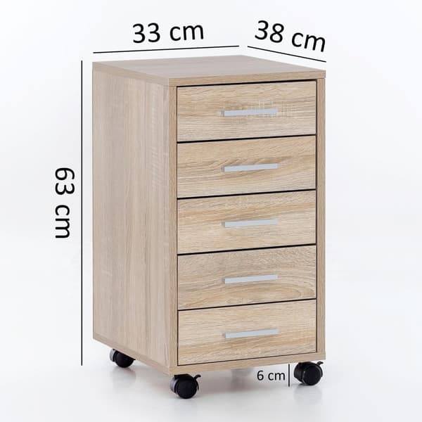 Rootz rullakontti Sonoma 33 x 63 x 38 cm puinen laatikkokaappipöytä - Toimistokaappi 5 laatikkoa - Kontti Rullakaappi pieni Jalusta Kontti kapea - Pöy