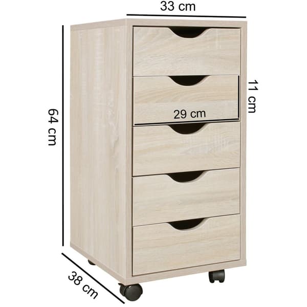 Rootz-rullakontti 33 x 64 x 38 cm MDF-puuta 5 laatikkoa sonoma - Nykyaikainen laatikkokontti pyörillä - Jalustakonttikontti toimistokontti