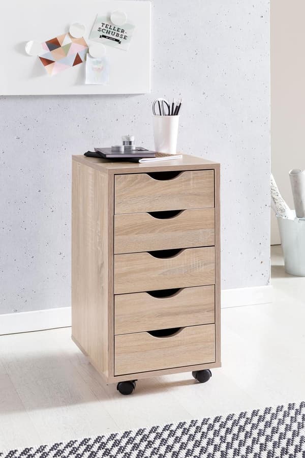 Rootz-rullakontti 33 x 64 x 38 cm MDF-puuta 5 laatikkoa sonoma - Nykyaikainen laatikkokontti pyörillä - Jalustakonttikontti toimistokontti