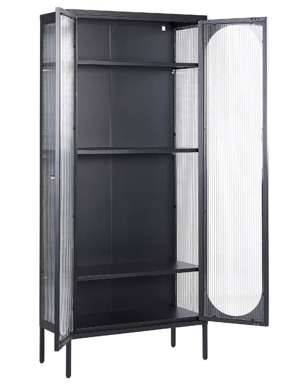 Vitrineskab Sort Stål 181 x 80 cm Høj Vitrineskab med Glaslåger Hylder Design Glasskab til Stue Entré Tilbehør Glasvitrine