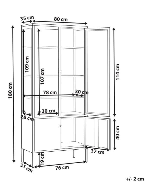 Vitrineskab Sort Stål 180 x 80 cm Høj Vitrineskab med 4 Glaslåger Hylder Design Glasskab til Stue Entré Tilbehør Glasvitrine