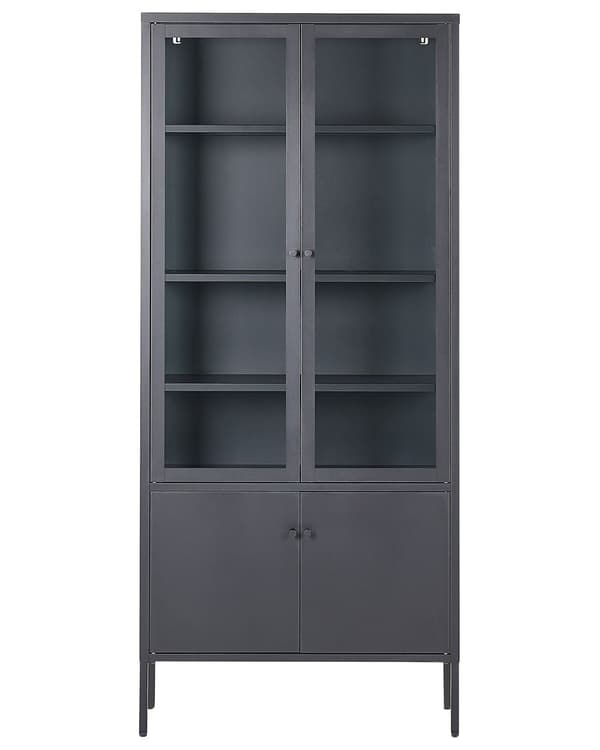 Vitrineskab Sort Stål 180 x 80 cm Høj Vitrineskab med 4 Glaslåger Hylder Design Glasskab til Stue Entré Tilbehør Glasvitrine