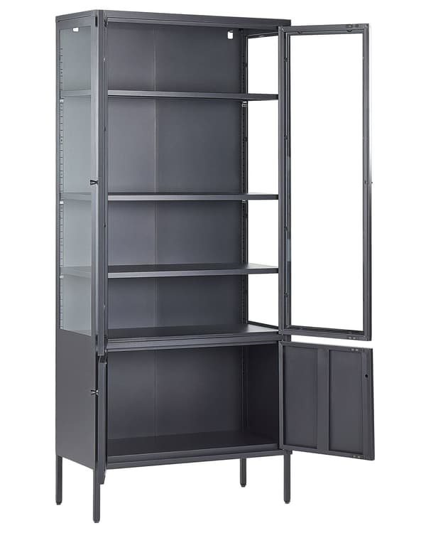 Vitrineskab Sort Stål 180 x 80 cm Høj Vitrineskab med 4 Glaslåger Hylder Design Glasskab til Stue Entré Tilbehør Glasvitrine