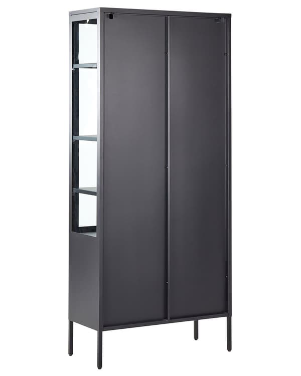 Vitrineskab Sort Stål 180 x 80 cm Høj Vitrineskab med 4 Glaslåger Hylder Design Glasskab til Stue Entré Tilbehør Glasvitrine