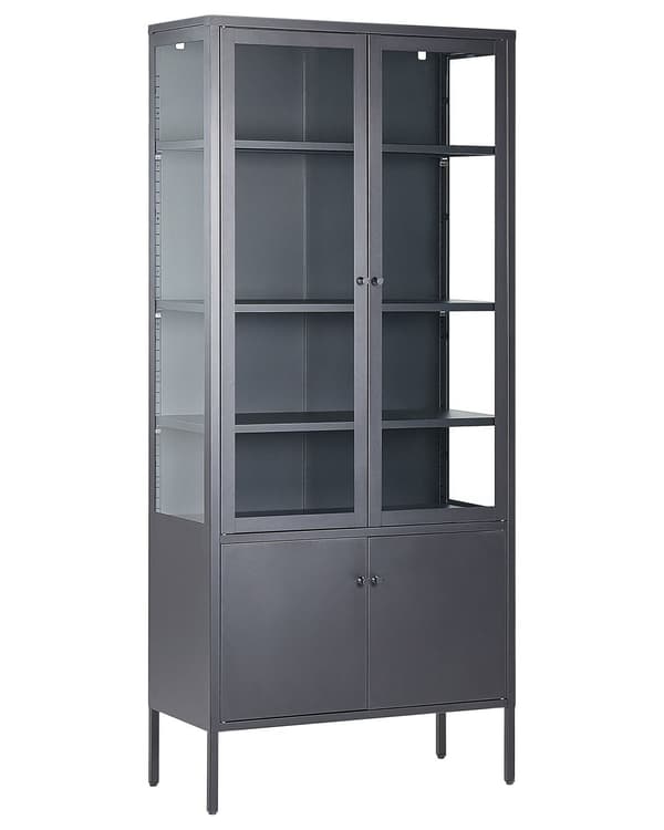 Vitrineskab Sort Stål 180 x 80 cm Høj Vitrineskab med 4 Glaslåger Hylder Design Glasskab til Stue Entré Tilbehør Glasvitrine