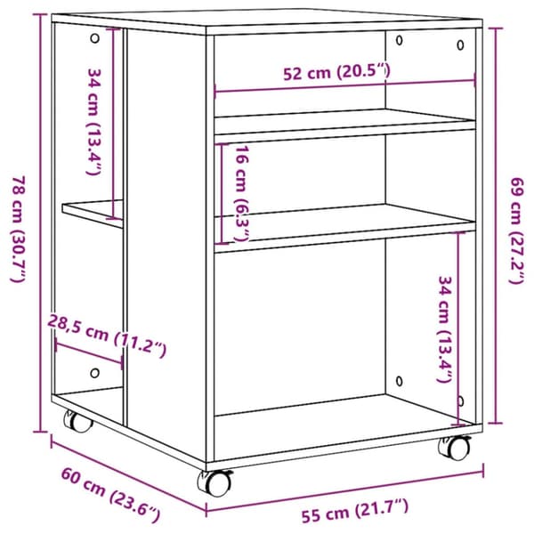 vidaXL Sidebord med hjul betonggrå 55x60x78 cm konstruert tre