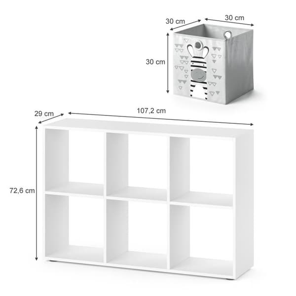 Vicco barnbokhylla, Vit, 72 x 107 cm med 6 hopfällbara lådor
