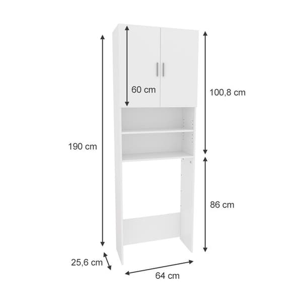 Tvättmaskins skåp Martha, 64x190cm med 2 korta dörrar, Vit, Vit, Vicco
