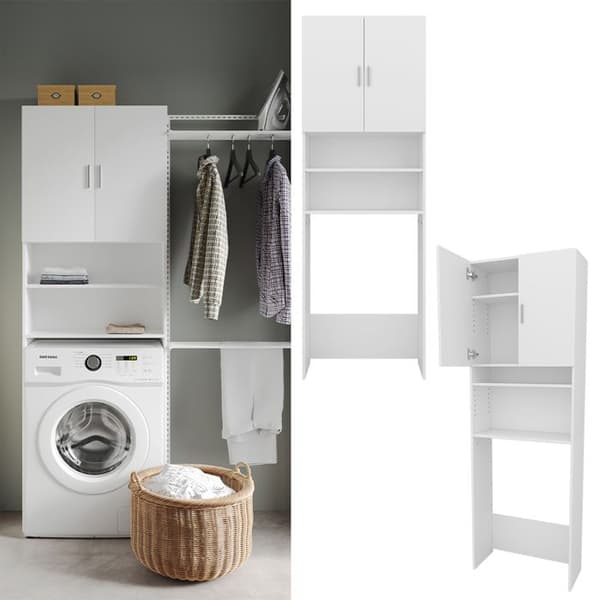 Tvättmaskins skåp Martha, 64x190cm med 2 korta dörrar, Vit, Vit, Vicco