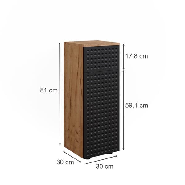 Armoire midisch Irma, 30x81cm avec 1 tiroir, 2 compartiments, salle de bain, Anthracite à pois, Chêne de force doré, Vicco