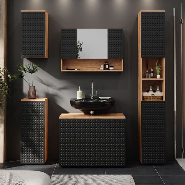 Armoire midisch Irma, 30x81cm avec 1 tiroir, 2 compartiments, salle de bain, Anthracite à pois, Chêne de force doré, Vicco
