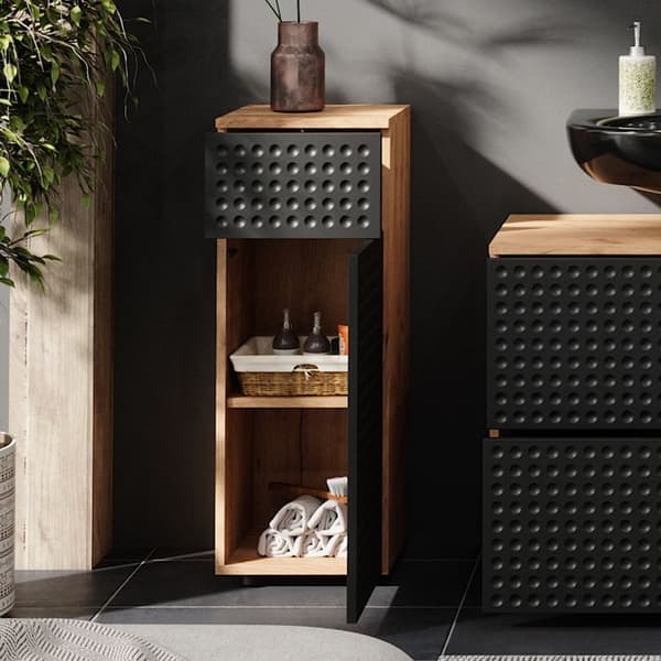 Armoire midisch Irma, 30x81cm avec 1 tiroir, 2 compartiments, salle de bain, Anthracite à pois, Chêne de force doré, Vicco