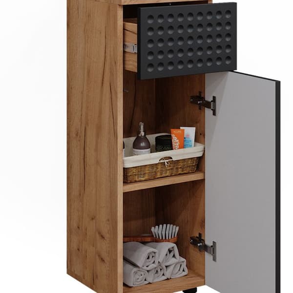 Armoire midisch Irma, 30x81cm avec 1 tiroir, 2 compartiments, salle de bain, Anthracite à pois, Chêne de force doré, Vicco