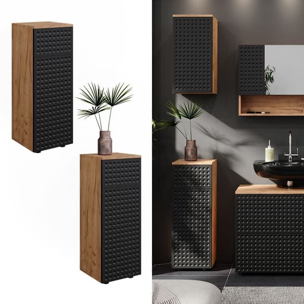 Armoire midisch Irma, 30x81cm avec 1 tiroir, 2 compartiments, salle de bain, Anthracite à pois, Chêne de force doré, Vicco