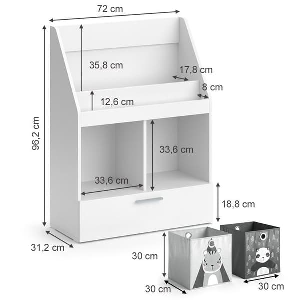 Vicco Luigi barnbokhylla, Vit, 72 x 96,2 cm med låda och 2 hopfällbara lådor opt.2