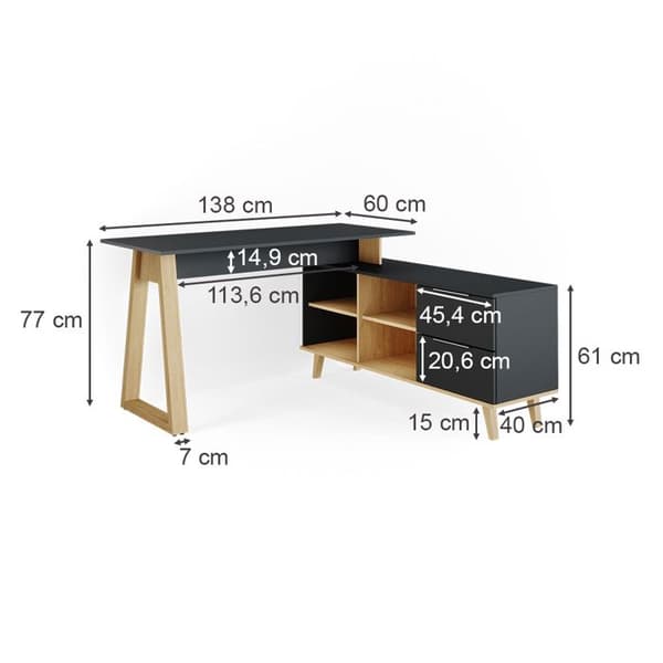 Vicco Nautica skrivbord, antracit, 138 x 60 cm med lådor, XXL