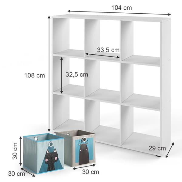 Vicco Nove barnbokhylla, Vit, 104 x 108 cm med 6 hopfällbara lådor